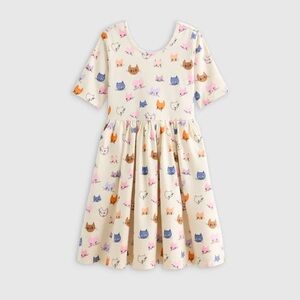 Quince Organic Cotton Adorable Cat Print Kids Skater Dress